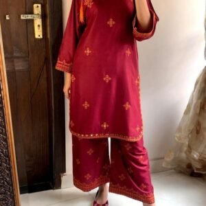 2 Pcs Women's Stitched Linen Embroidered Shirt And Trouser