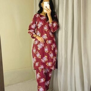 2 Pcs Women's Stitched Linen Printed Shirt And Trouser