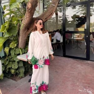 2 Pcs Women's Stitched Printed Silk Shirt And Trouser