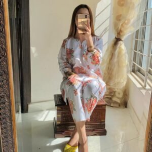 2 Pcs Women's Stitched Linen Printed Shirt And Trouser - White