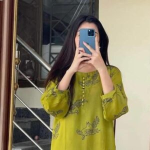 2 Pcs Women's Stitched Linen Printed Shirt And Trouser - Mustard