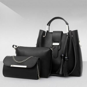 Chic Women's PU Leather Hand Bag Set - 3 Pcs in Classic Black