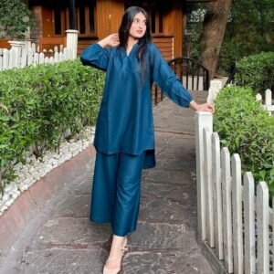 Stylish Women's Stitched Co-Ord Set in Blue - 2 Pcs Cotton Plain Fabric