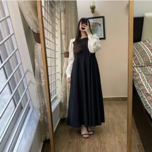 Stylish Black Georgette Plain Frock - 1 Pc Women's Stitched Fashion